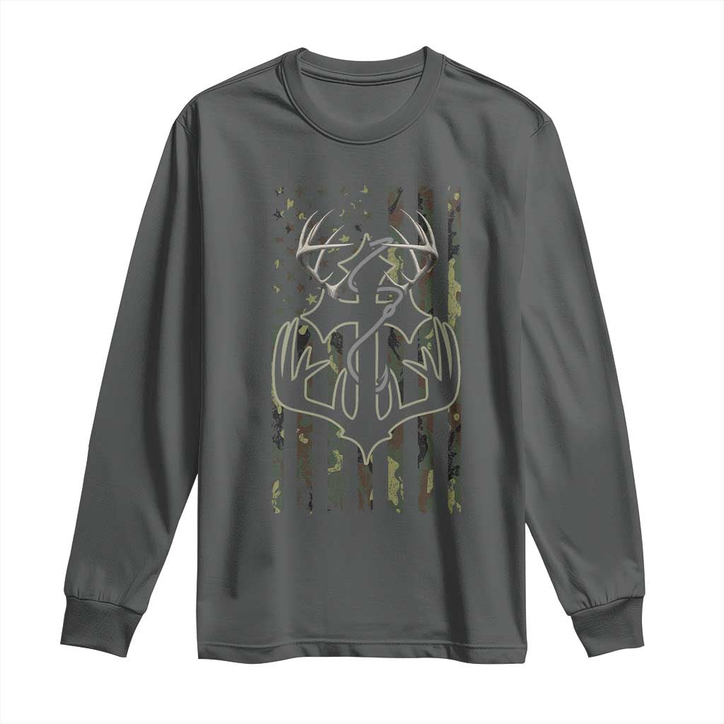 Faith Fishing Hunting Camo US Flag Cross With Hook Christian Long Sleeve Shirt TS11 Dark Heather Print Your Wear