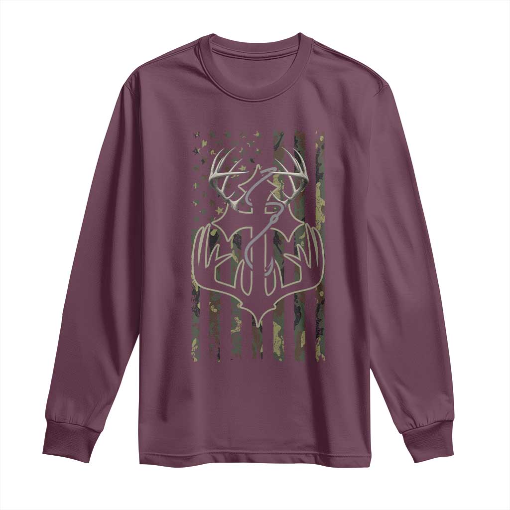 Faith Fishing Hunting Camo US Flag Cross With Hook Christian Long Sleeve Shirt TS11 Maroon Print Your Wear