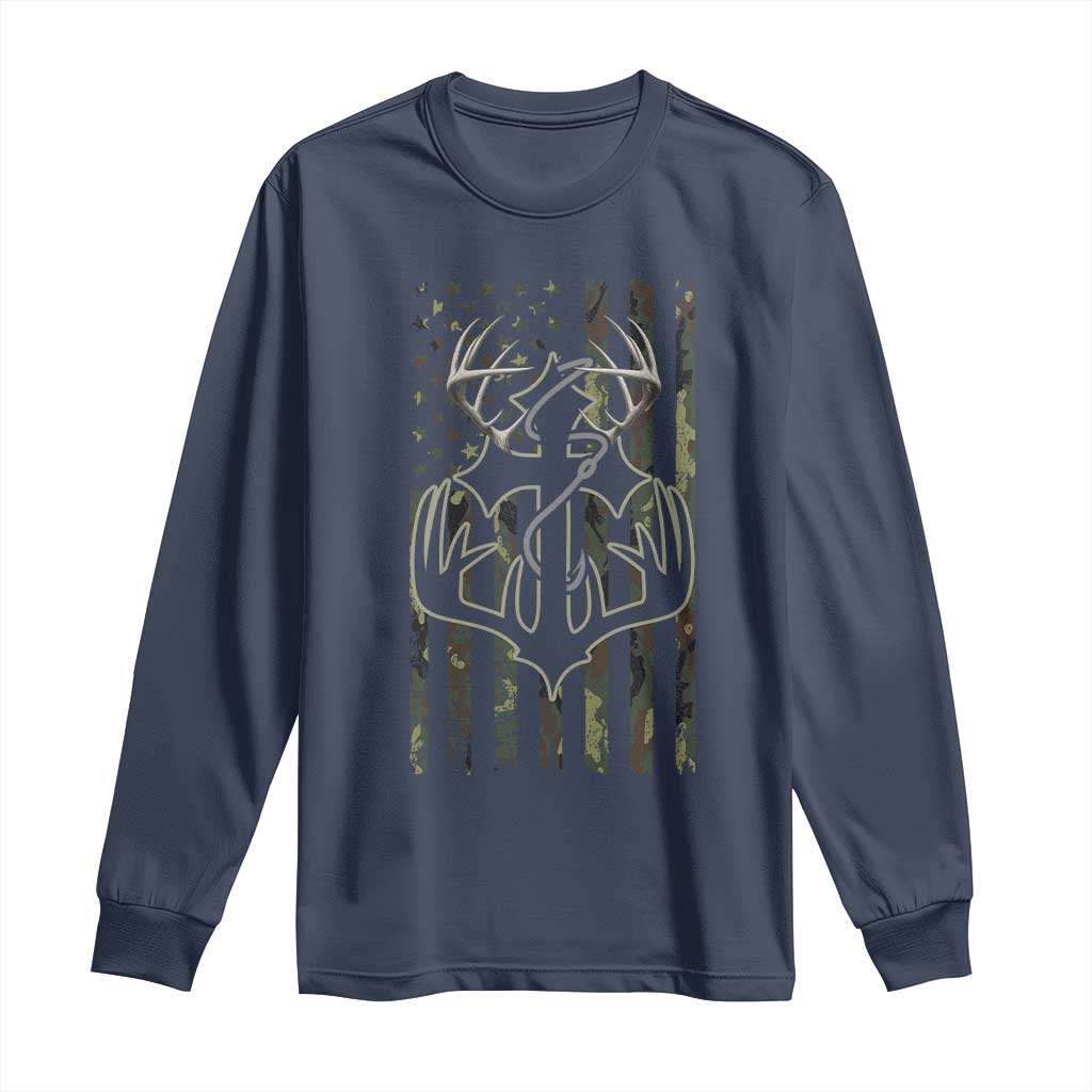 Faith Fishing Hunting Camo US Flag Cross With Hook Christian Long Sleeve Shirt TS11 Navy Print Your Wear