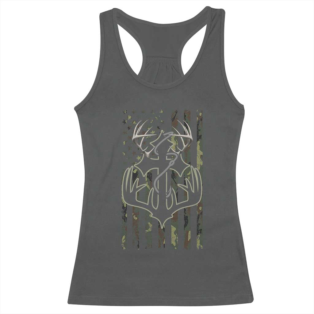 Faith Fishing Hunting Camo US Flag Cross With Hook Christian Racerback Tank Top TS11 Dark Heather Print Your Wear
