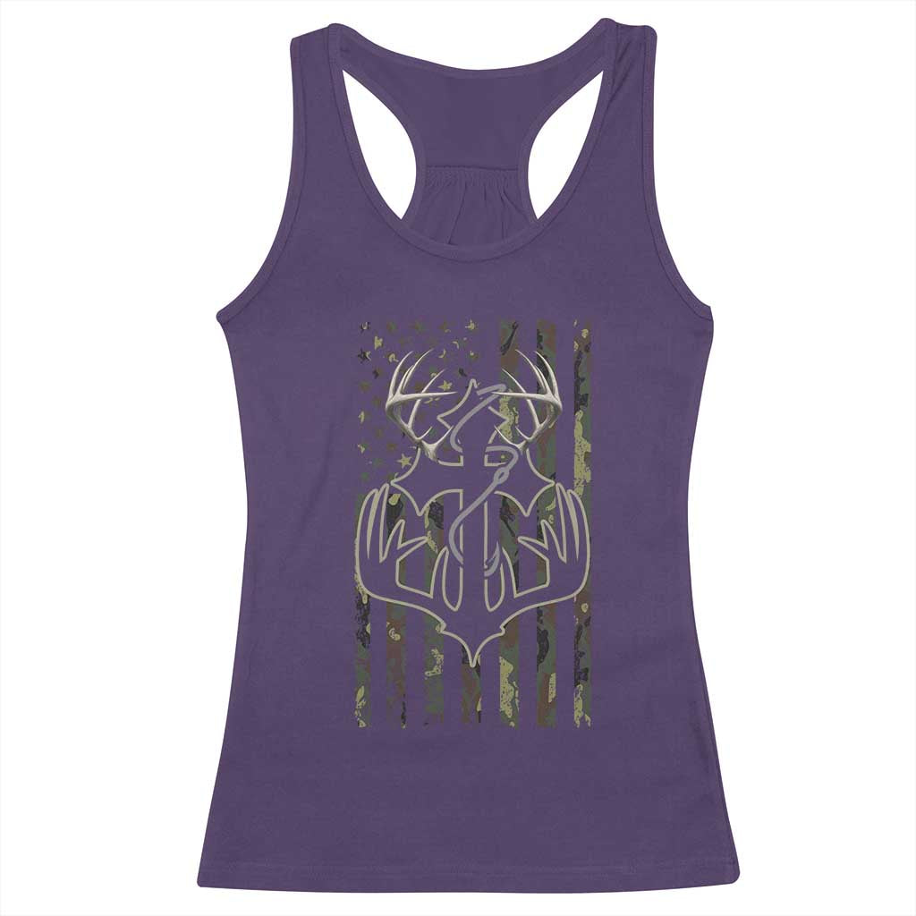 Faith Fishing Hunting Camo US Flag Cross With Hook Christian Racerback Tank Top TS11 Purple Print Your Wear