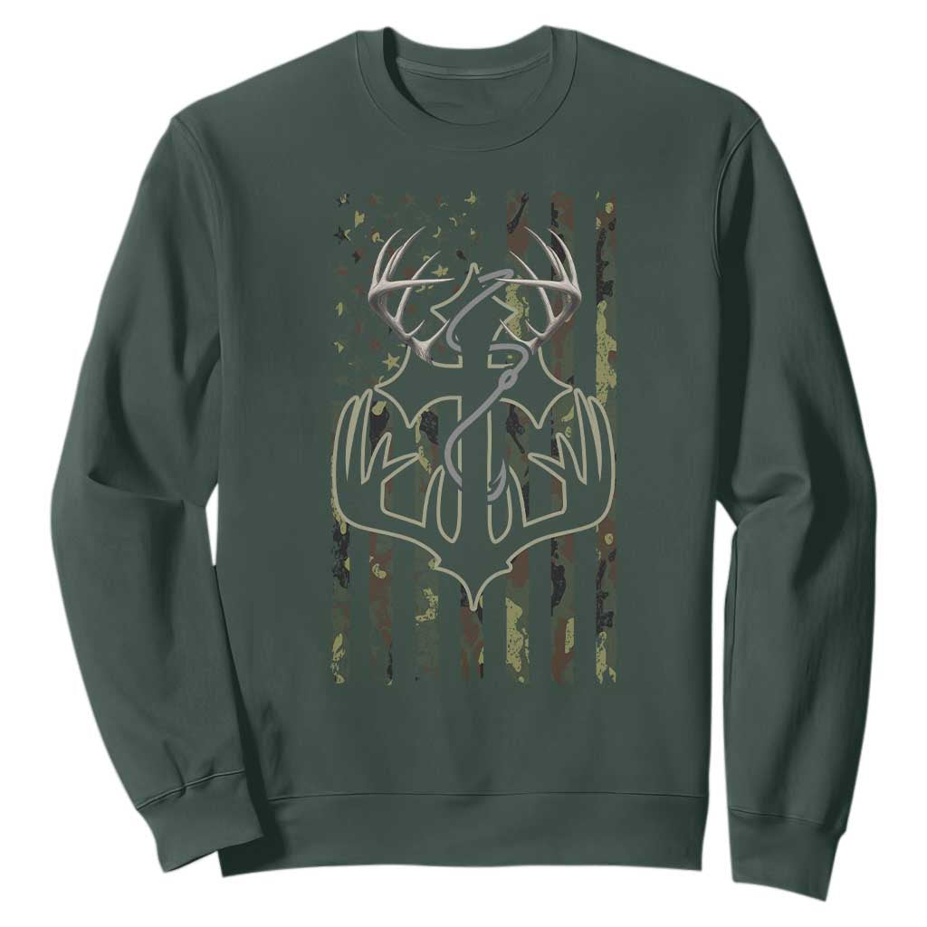 Faith Fishing Hunting Camo US Flag Cross With Hook Christian Sweatshirt TS11 Dark Forest Green Print Your Wear