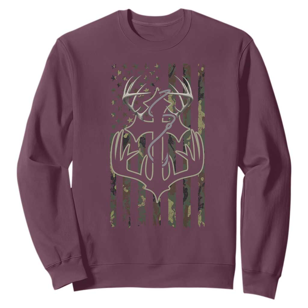 Faith Fishing Hunting Camo US Flag Cross With Hook Christian Sweatshirt TS11 Maroon Print Your Wear
