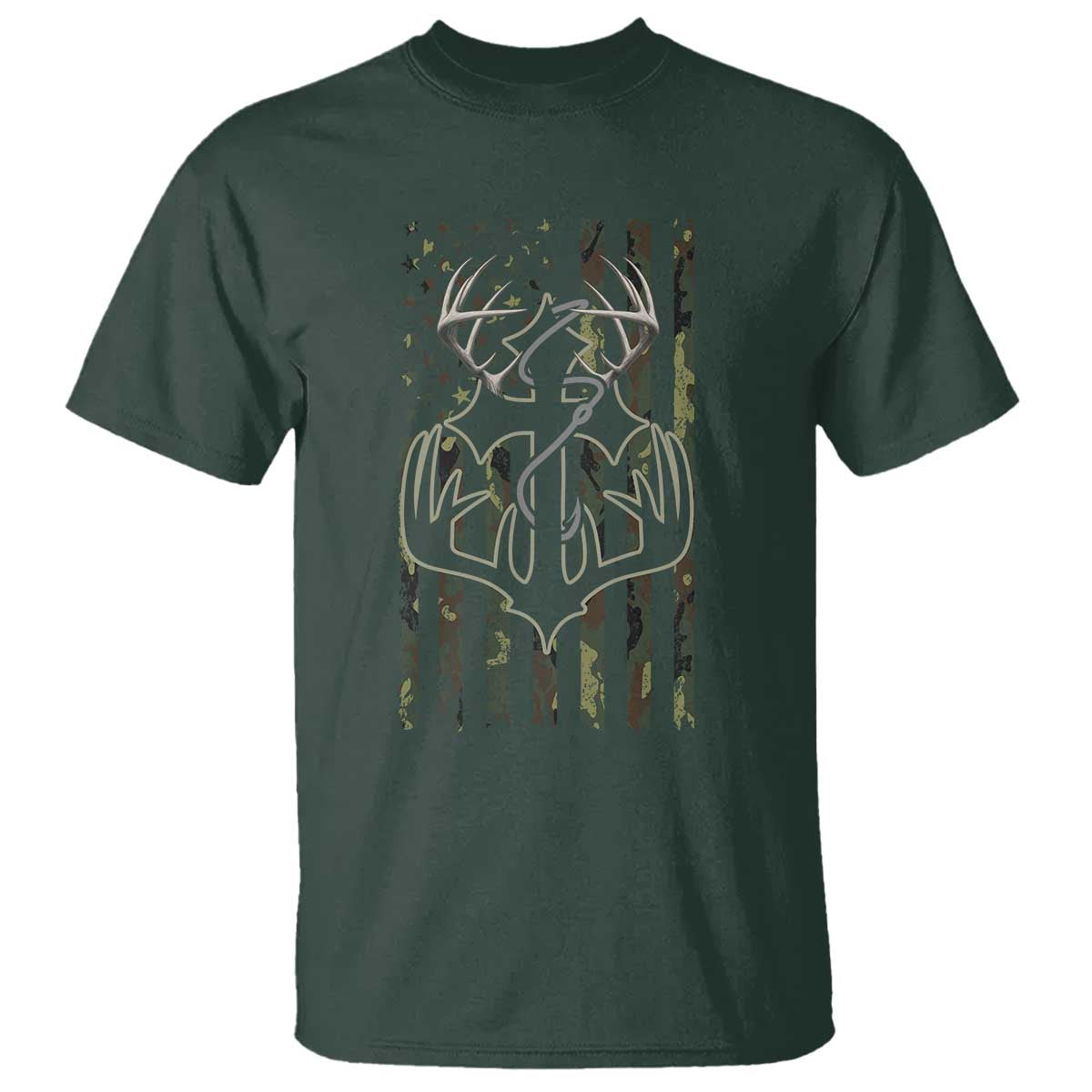 Faith Fishing Hunting Camo US Flag Cross With Hook Christian T Shirt TS11 Dark Forest Green Print Your Wear