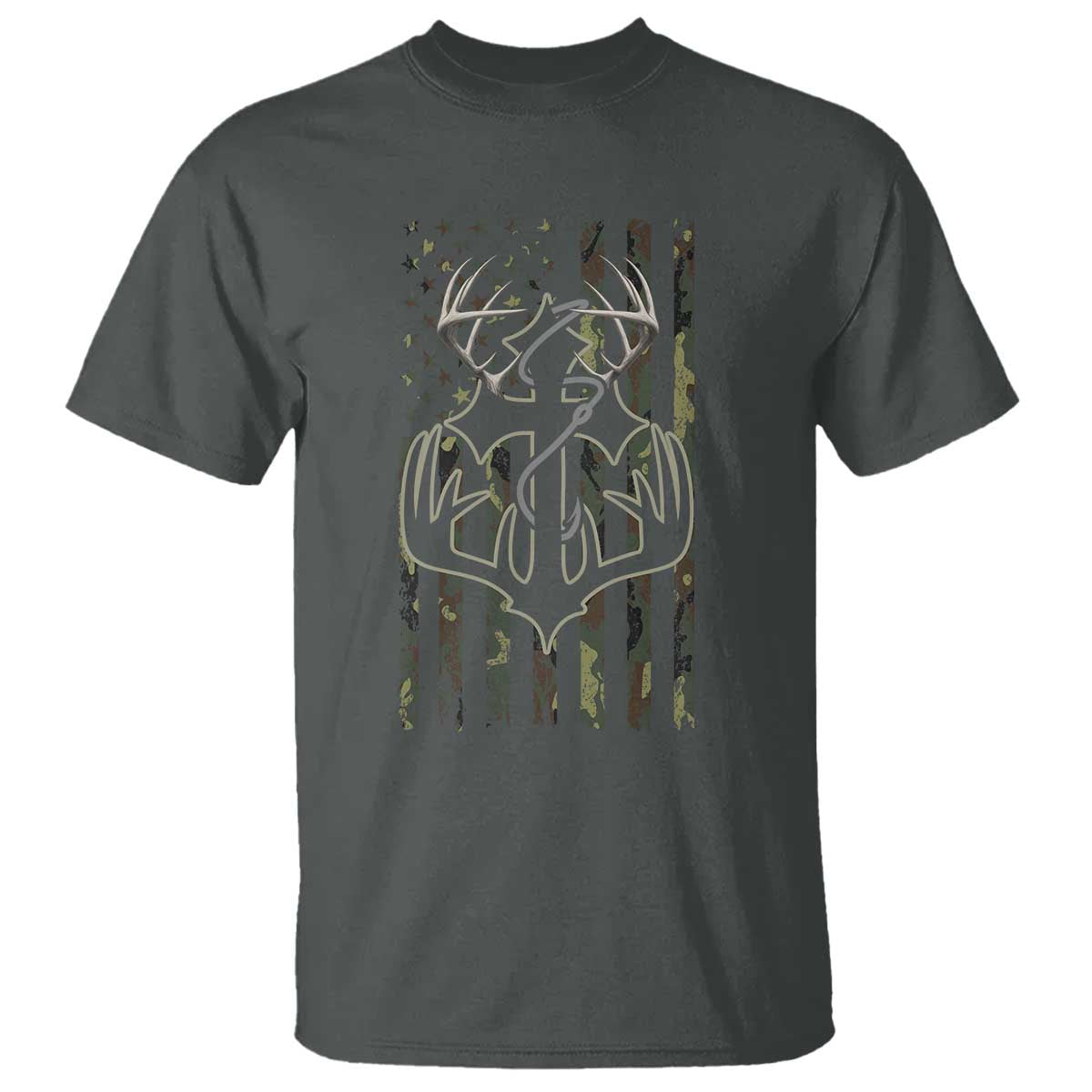 Faith Fishing Hunting Camo US Flag Cross With Hook Christian T Shirt TS11 Dark Heather Print Your Wear