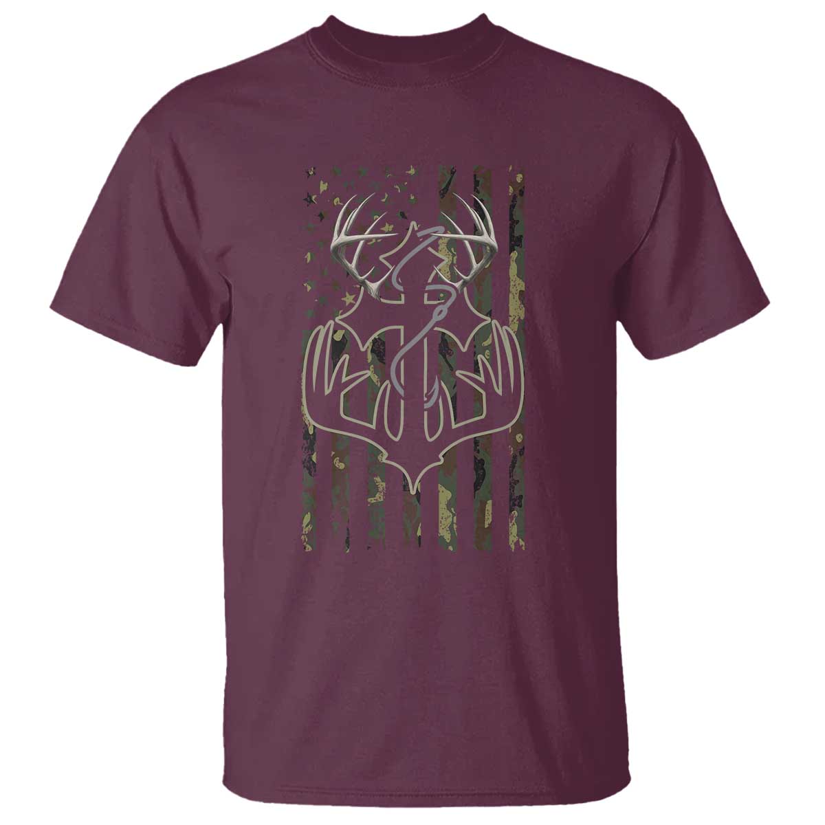 Faith Fishing Hunting Camo US Flag Cross With Hook Christian T Shirt TS11 Maroon Print Your Wear