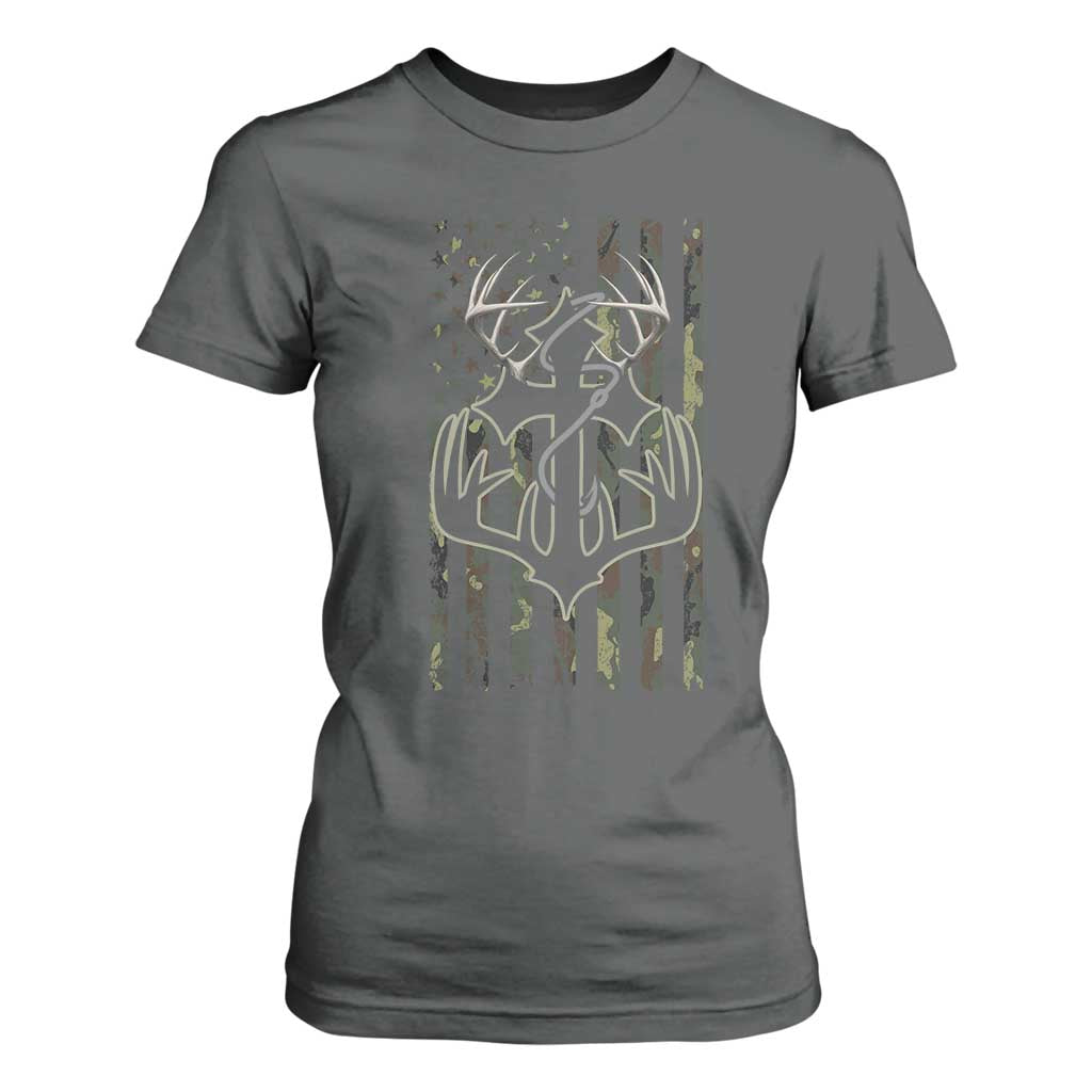 Faith Fishing Hunting Camo US Flag Cross With Hook Christian T Shirt For Women TS11 Dark Heather Print Your Wear
