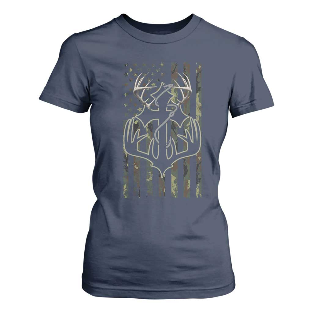 Faith Fishing Hunting Camo US Flag Cross With Hook Christian T Shirt For Women TS11 Navy Print Your Wear