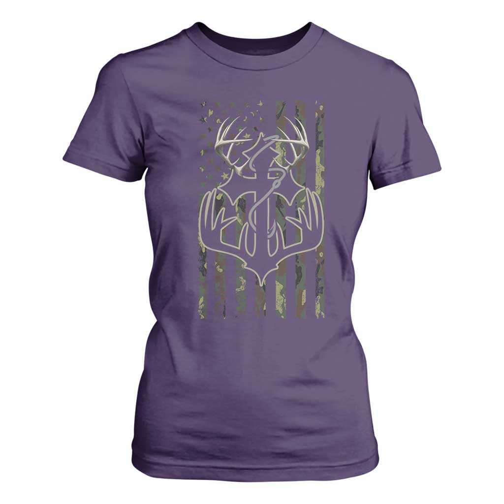 Faith Fishing Hunting Camo US Flag Cross With Hook Christian T Shirt For Women TS11 Purple Print Your Wear