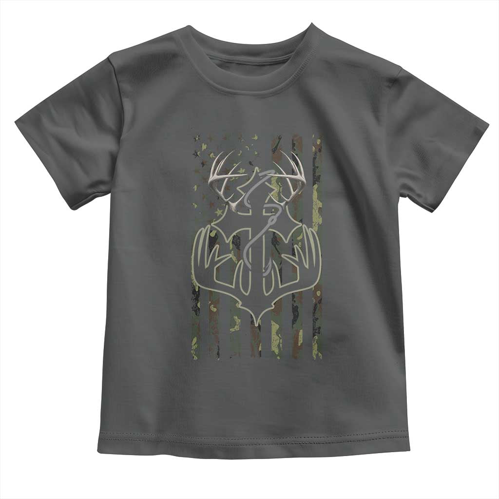 Faith Fishing Hunting Camo US Flag Cross With Hook Christian Toddler T Shirt TS11 Dark Heather Print Your Wear