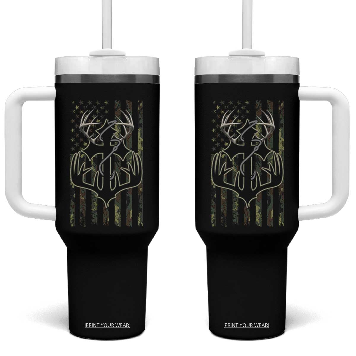 Faith Fishing Hunting Camo US Flag Cross With Hook Christian Tumbler With Handle TS11 One Size: 40 oz Black Print Your Wear