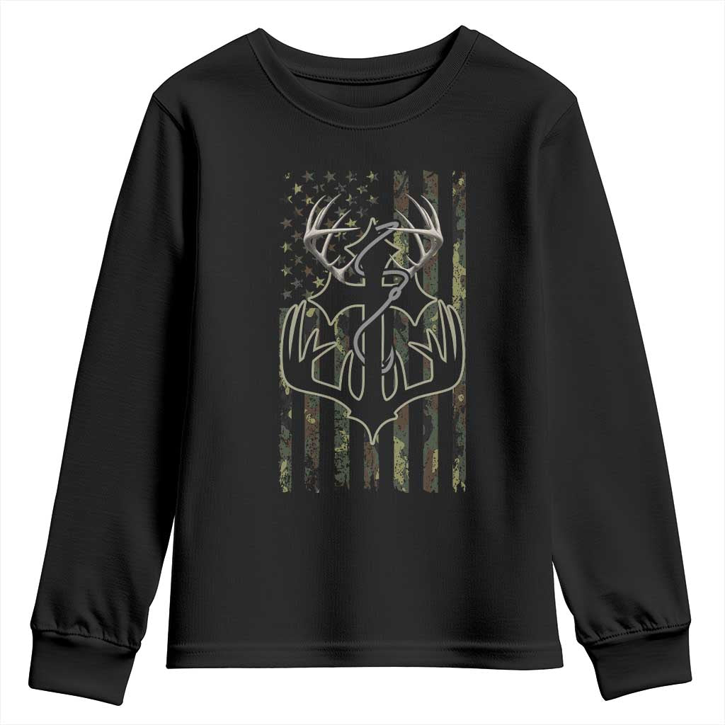 Faith Fishing Hunting Camo US Flag Cross With Hook Christian Youth Sweatshirt TS11 Black Print Your Wear