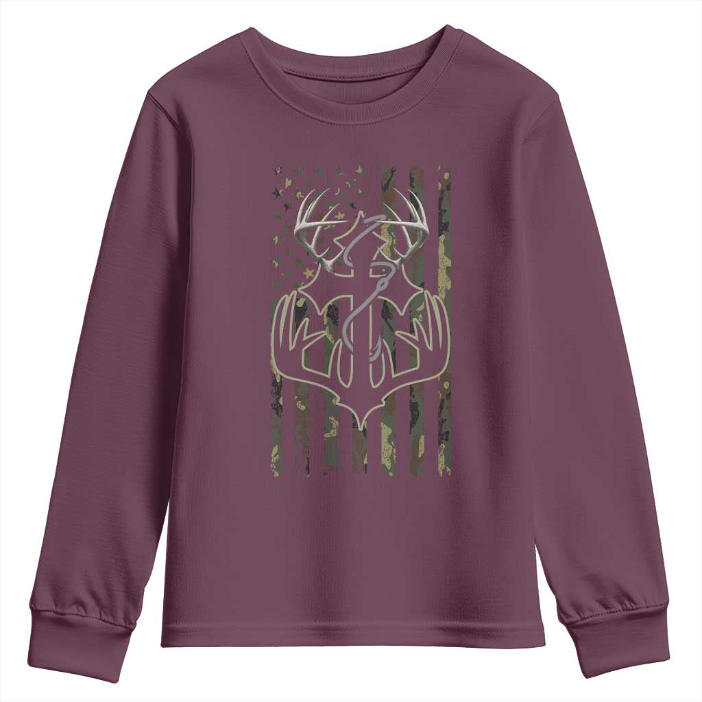 Faith Fishing Hunting Camo US Flag Cross With Hook Christian Youth Sweatshirt TS11 Maroon Print Your Wear