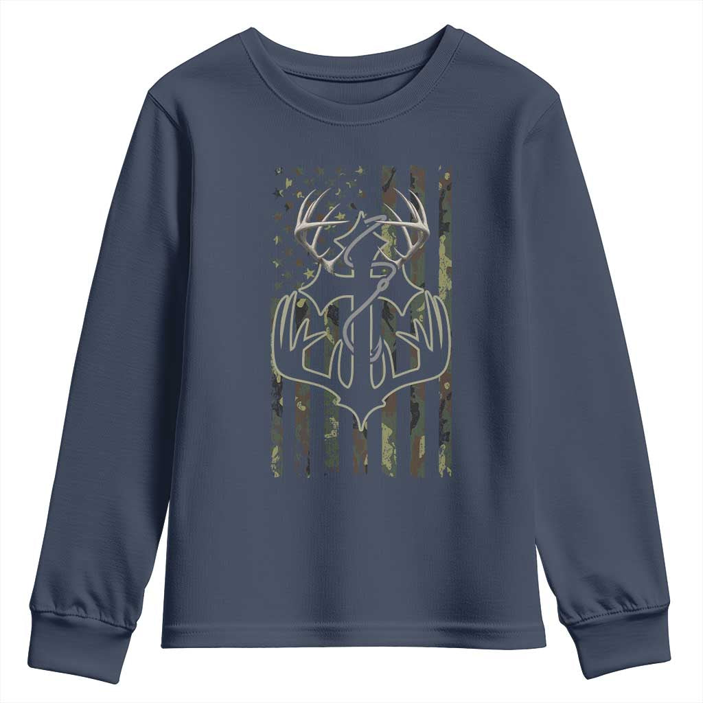 Faith Fishing Hunting Camo US Flag Cross With Hook Christian Youth Sweatshirt TS11 Navy Print Your Wear