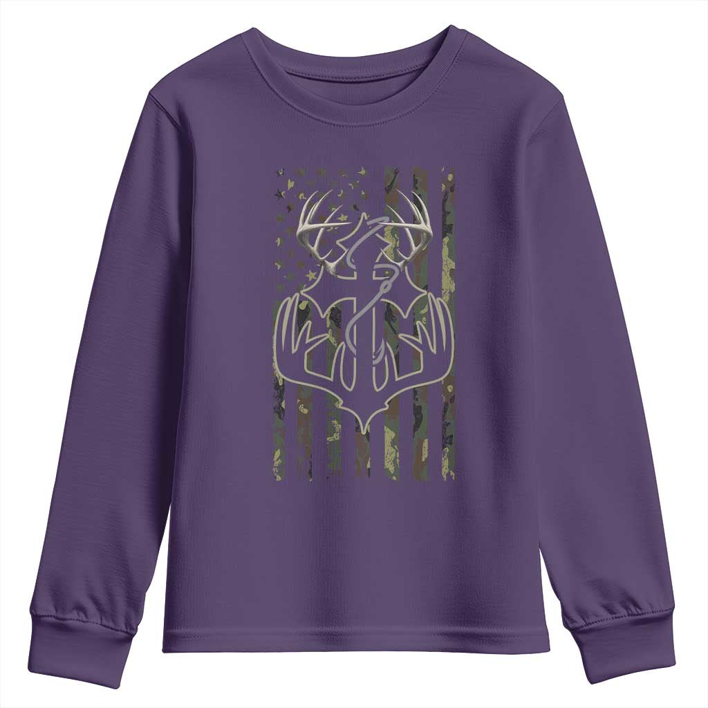 Faith Fishing Hunting Camo US Flag Cross With Hook Christian Youth Sweatshirt TS11 Purple Print Your Wear