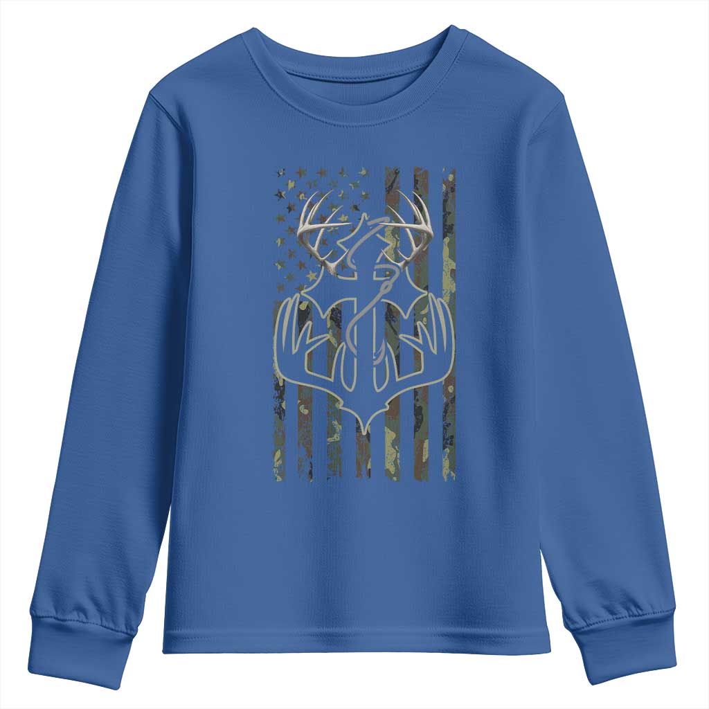 Faith Fishing Hunting Camo US Flag Cross With Hook Christian Youth Sweatshirt TS11 Royal Blue Print Your Wear