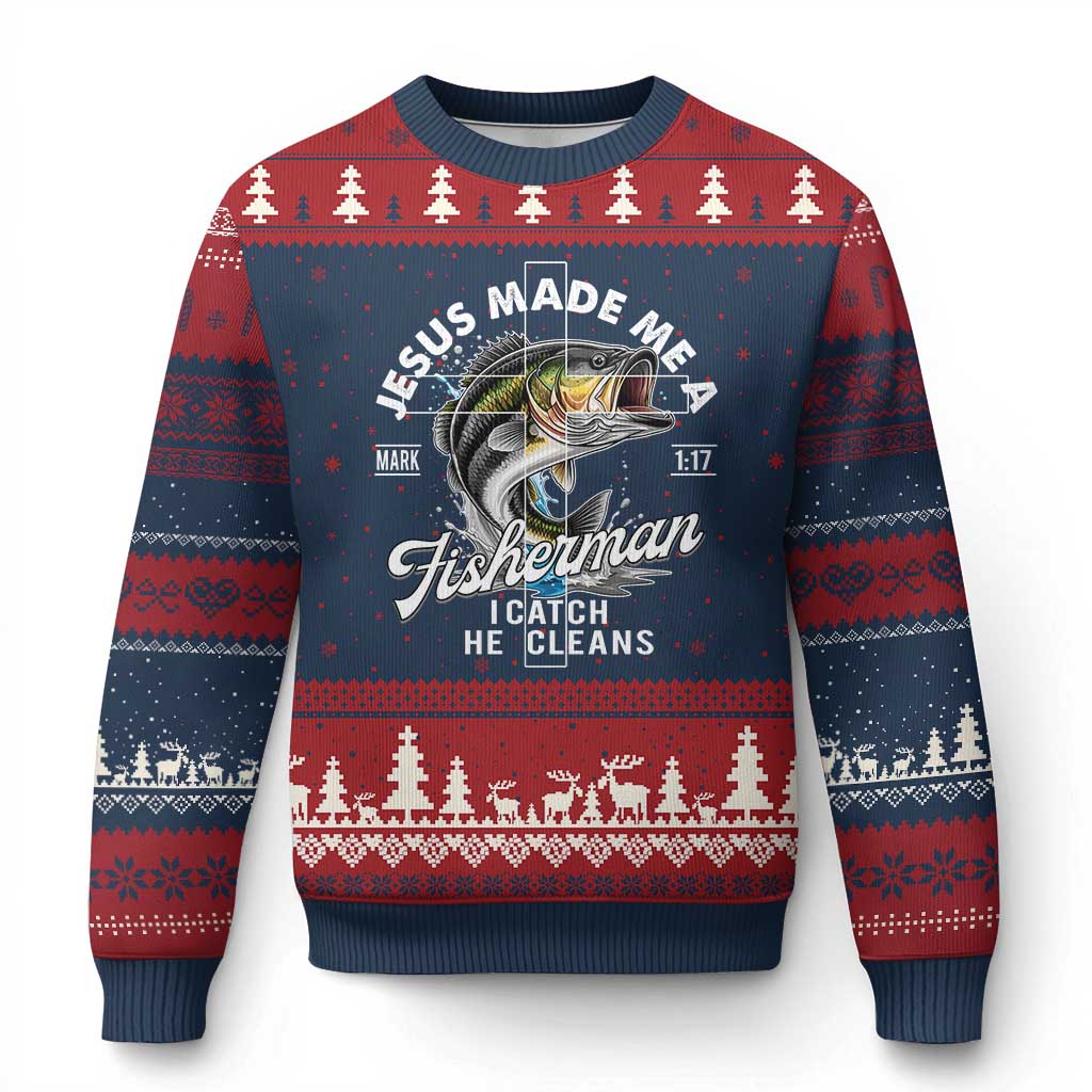 Jesus Made Me A Fisherman I Catch He Cleans Ugly Christmas Sweater Christian Fisher TS11 Navy Red Print Your Wear