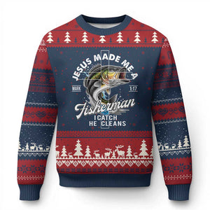 Jesus Made Me A Fisherman I Catch He Cleans Ugly Christmas Sweater Christian Fisher TS11 Navy Red Print Your Wear