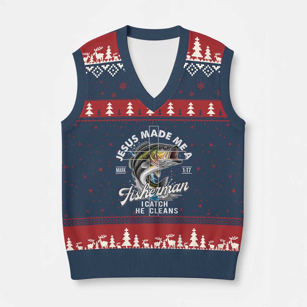 Jesus Made Me A Fisherman I Catch He Cleans V-Neck Knit Sweater Vest Christian Fisher TS11 Navy Red Print Your Wear