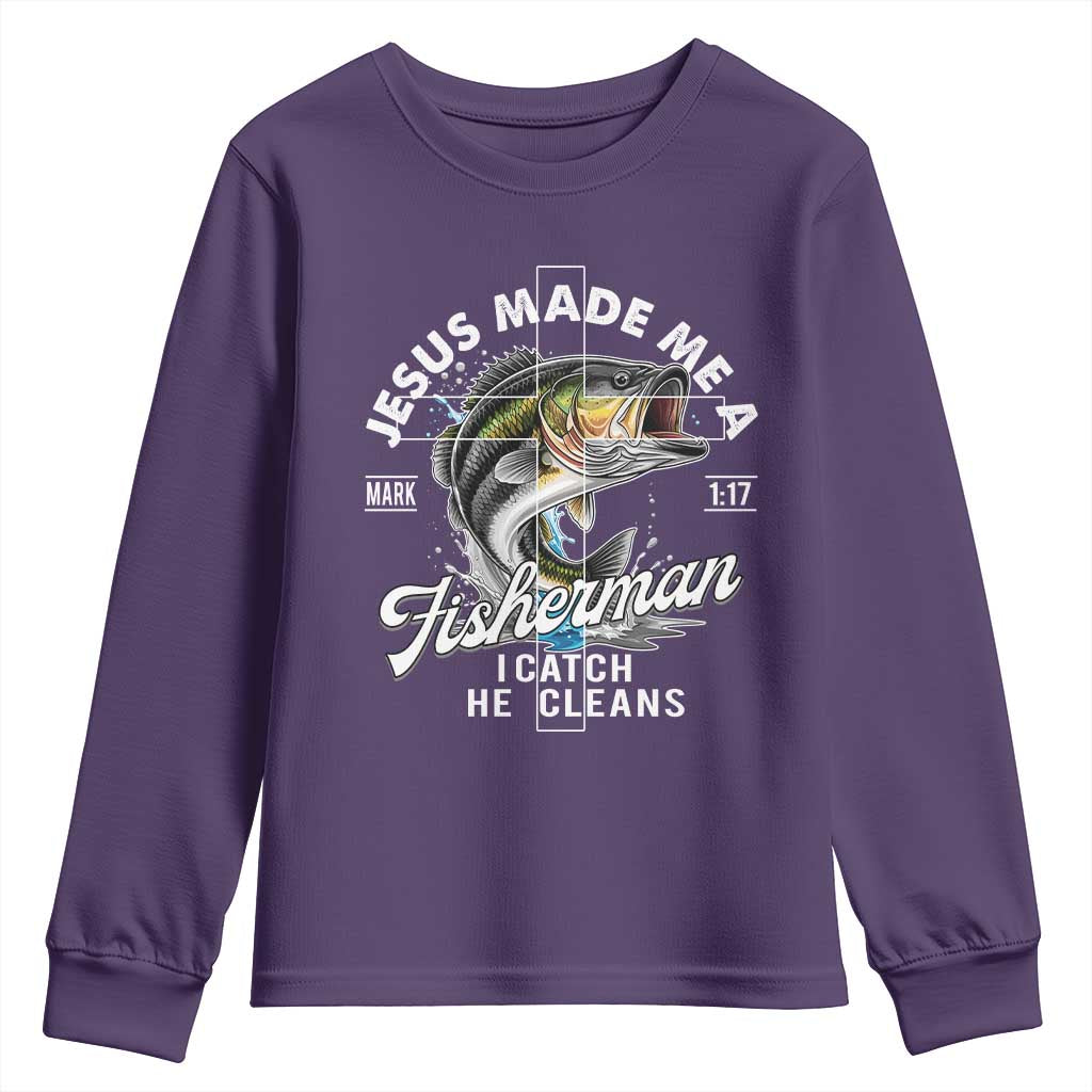 Jesus Made Me A Fisherman I Catch He Cleans Youth Sweatshirt Christian Fisher TS11 Purple Print Your Wear