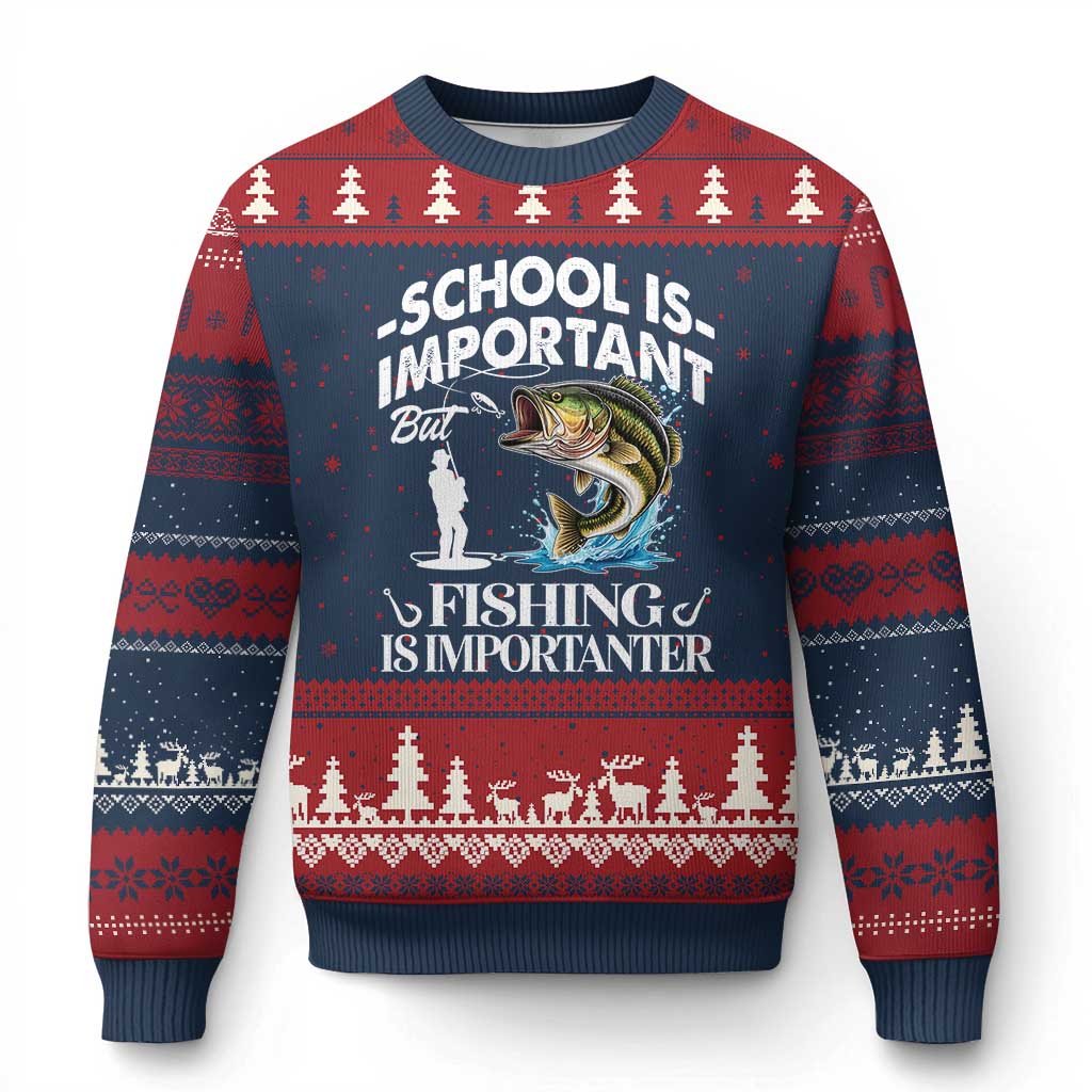 Funny School Is Important But Fishing Is Importanter Ugly Christmas Sweater Fishing Lover TS11 Navy Red Print Your Wear