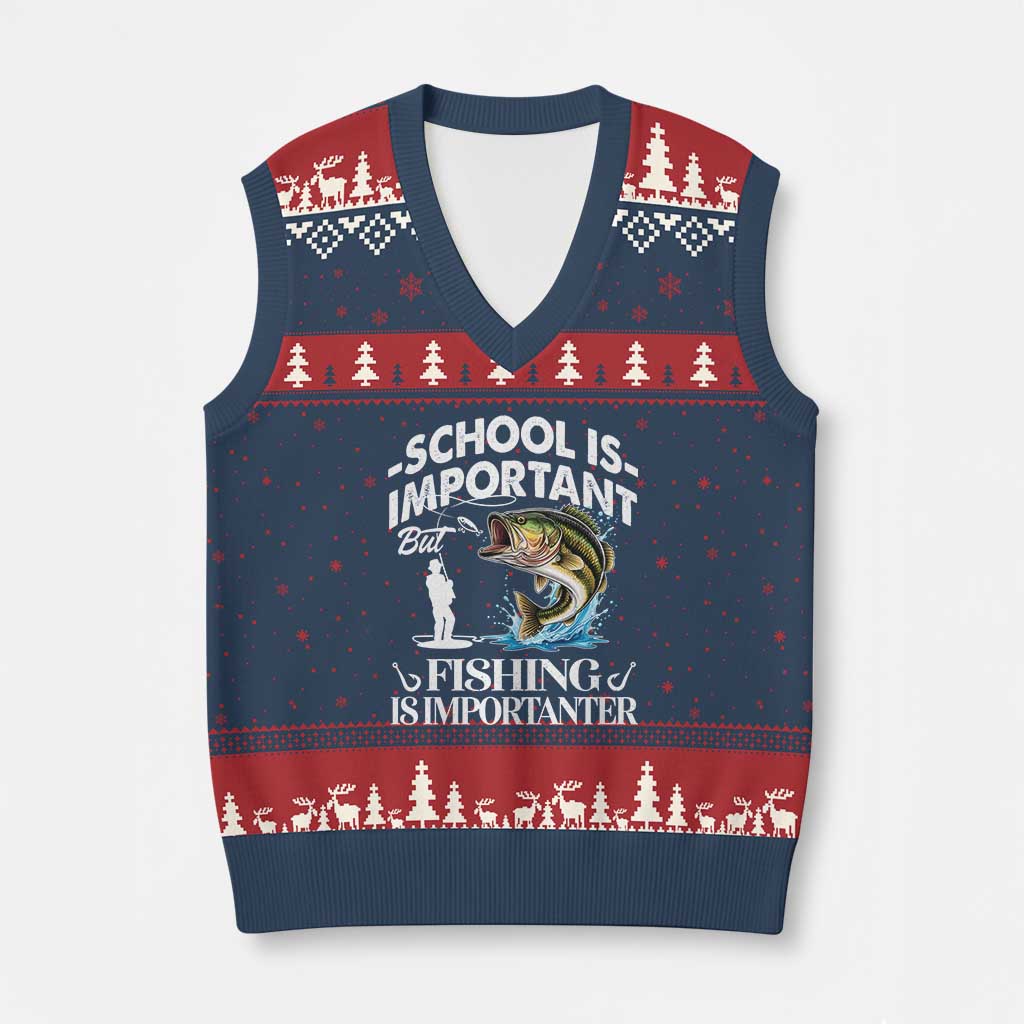 Funny School Is Important But Fishing Is Importanter V-Neck Knit Sweater Vest Fishing Lover TS11 Navy Red Print Your Wear