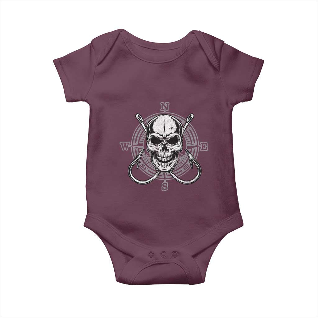 Funny Fishing Lover Baby Onesie Pirate Skull Fishing Hook Compass TS11 Maroon Print Your Wear