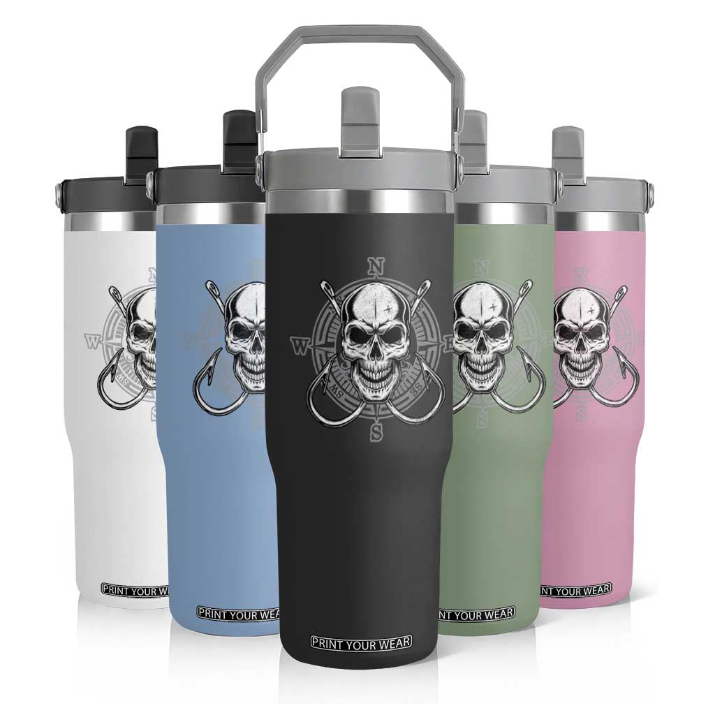 Funny Fishing Lover Flip Straw Tumbler Pirate Skull Fishing Hook Compass TS11 Print Your Wear