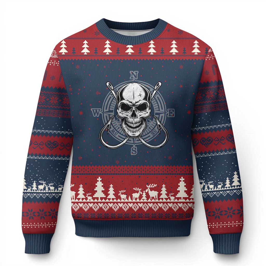 Funny Fishing Lover Ugly Christmas Sweater Pirate Skull Fishing Hook Compass TS11 Navy Red Print Your Wear