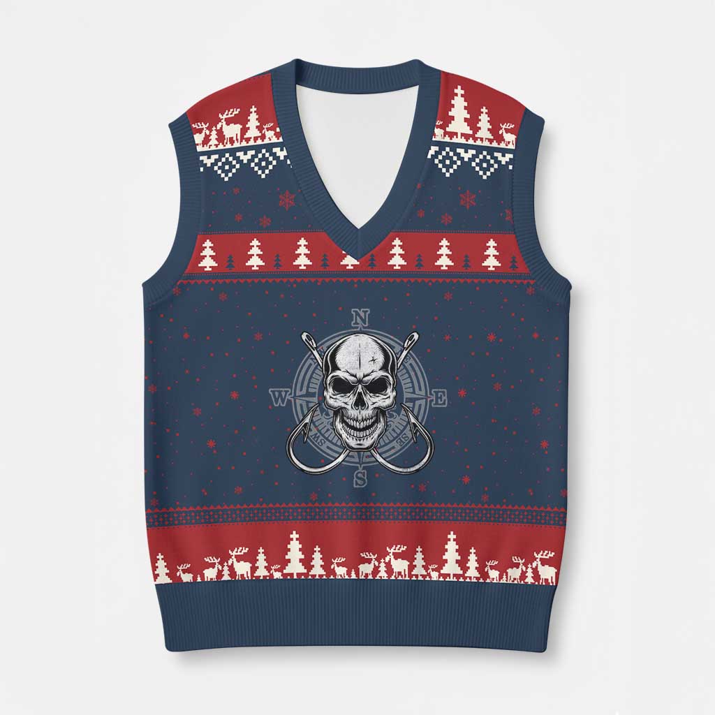 Funny Fishing Lover V-Neck Knit Sweater Vest Pirate Skull Fishing Hook Compass TS11 Navy Red Print Your Wear