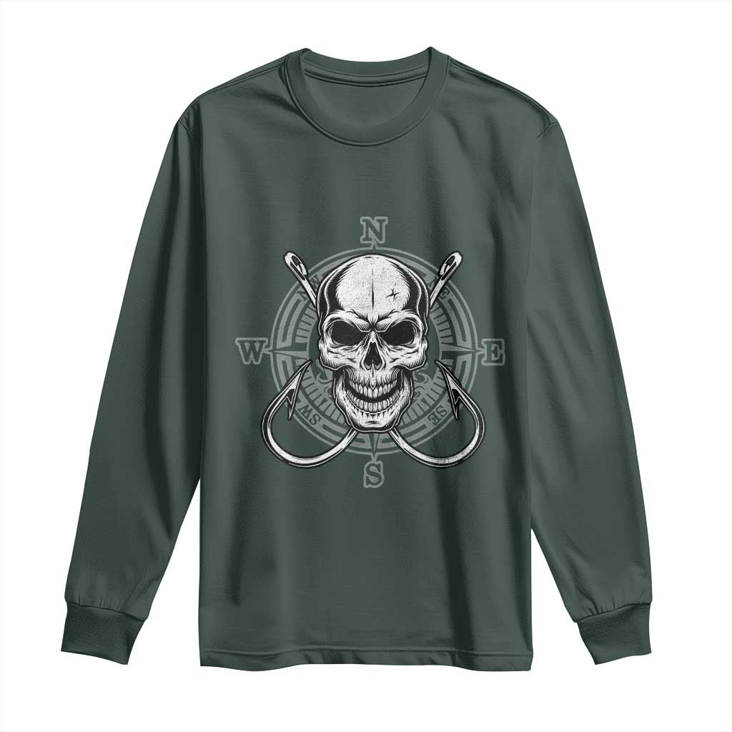 Funny Fishing Lover Long Sleeve Shirt Pirate Skull Fishing Hook Compass TS11 Dark Forest Green Print Your Wear