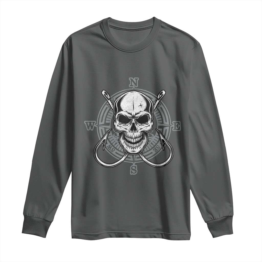 Funny Fishing Lover Long Sleeve Shirt Pirate Skull Fishing Hook Compass TS11 Dark Heather Print Your Wear