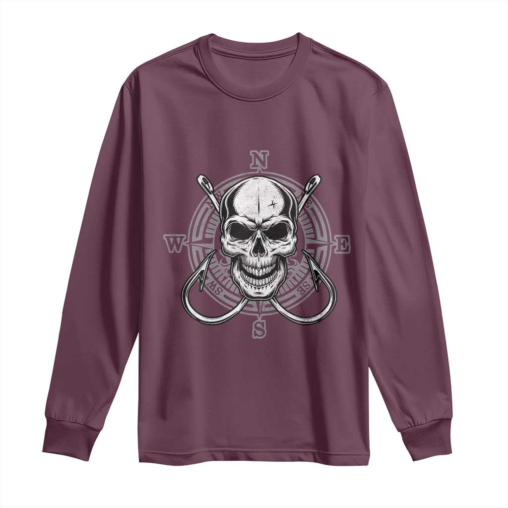 Funny Fishing Lover Long Sleeve Shirt Pirate Skull Fishing Hook Compass TS11 Maroon Print Your Wear