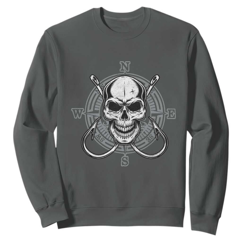 Funny Fishing Lover Sweatshirt Pirate Skull Fishing Hook Compass TS11 Dark Heather Print Your Wear