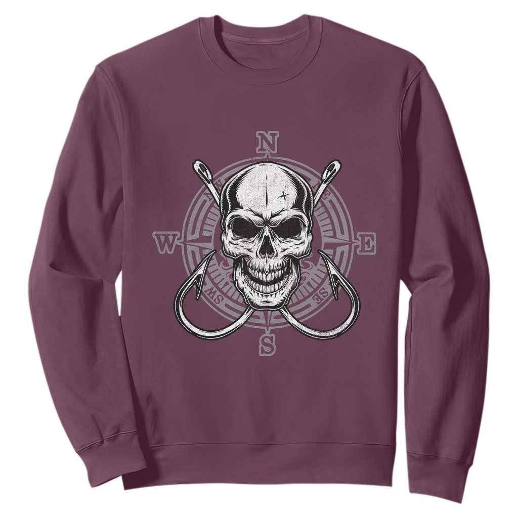 Funny Fishing Lover Sweatshirt Pirate Skull Fishing Hook Compass TS11 Maroon Print Your Wear
