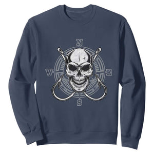 Funny Fishing Lover Sweatshirt Pirate Skull Fishing Hook Compass TS11 Navy Print Your Wear