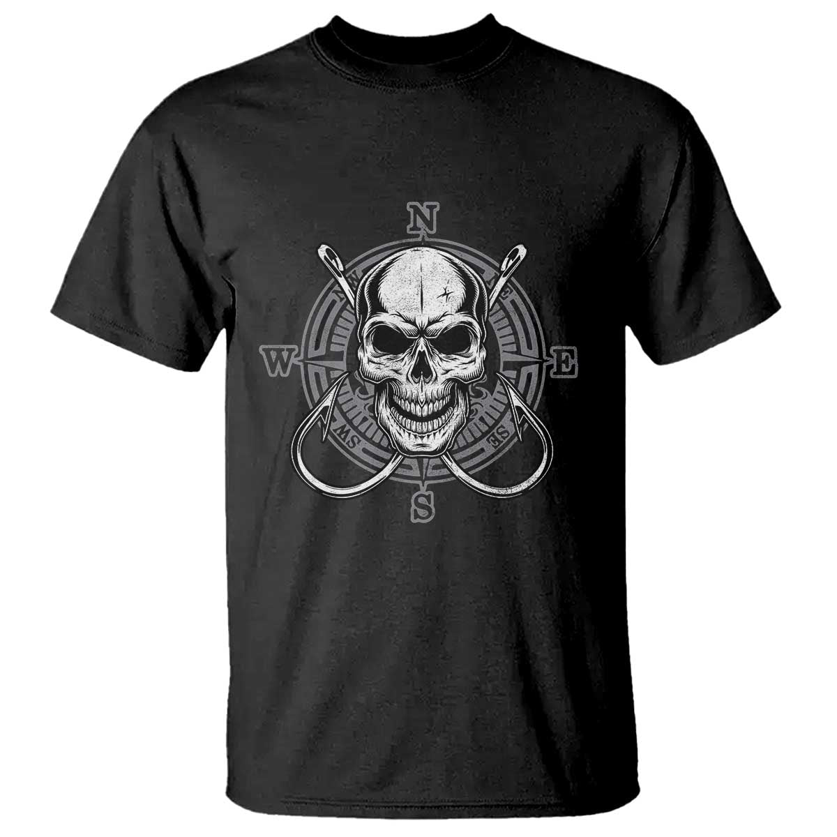 Funny Fishing Lover T Shirt Pirate Skull Fishing Hook Compass TS11 Black Print Your Wear