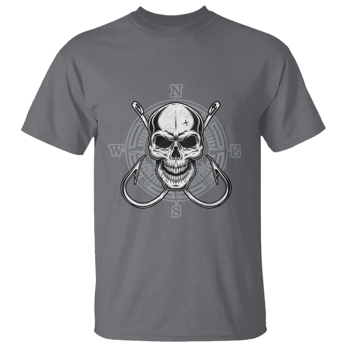 Funny Fishing Lover T Shirt Pirate Skull Fishing Hook Compass TS11 Charcoal Print Your Wear