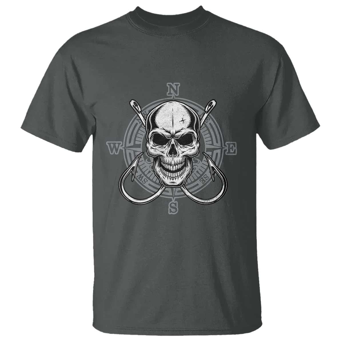 Funny Fishing Lover T Shirt Pirate Skull Fishing Hook Compass TS11 Dark Heather Print Your Wear