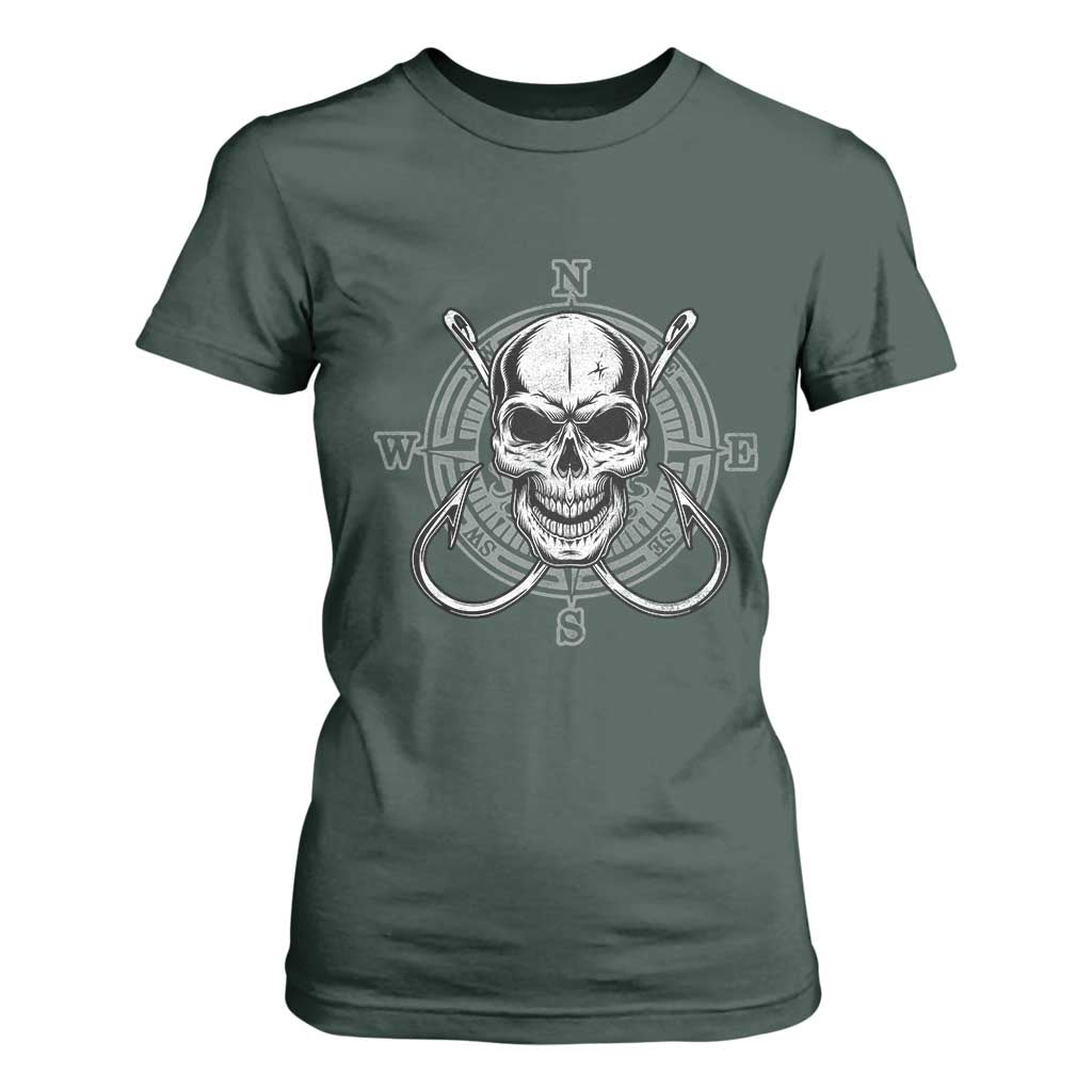 Funny Fishing Lover T Shirt For Women Pirate Skull Fishing Hook Compass TS11 Dark Forest Green Print Your Wear