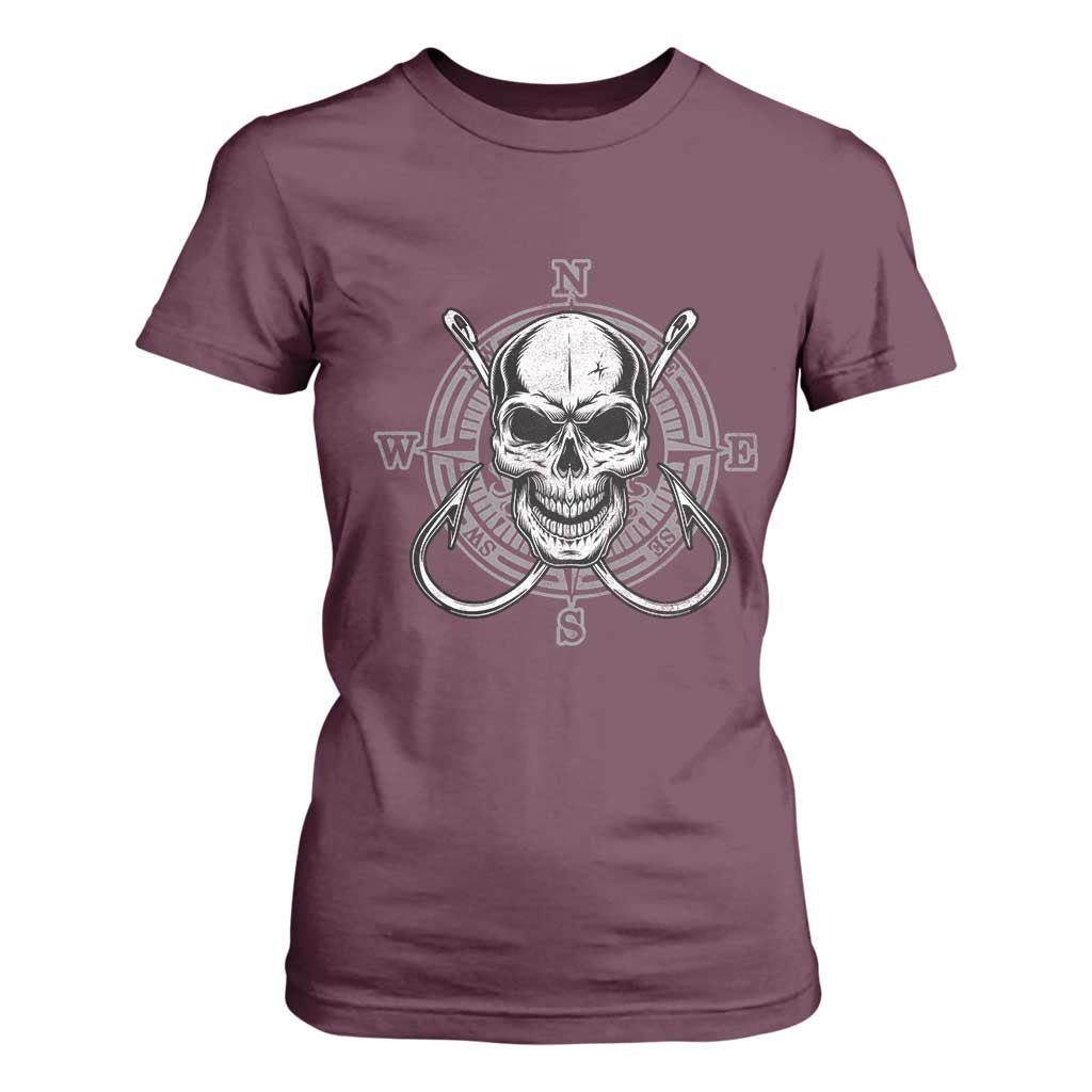 Funny Fishing Lover T Shirt For Women Pirate Skull Fishing Hook Compass TS11 Maroon Print Your Wear