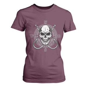Funny Fishing Lover T Shirt For Women Pirate Skull Fishing Hook Compass TS11 Maroon Print Your Wear