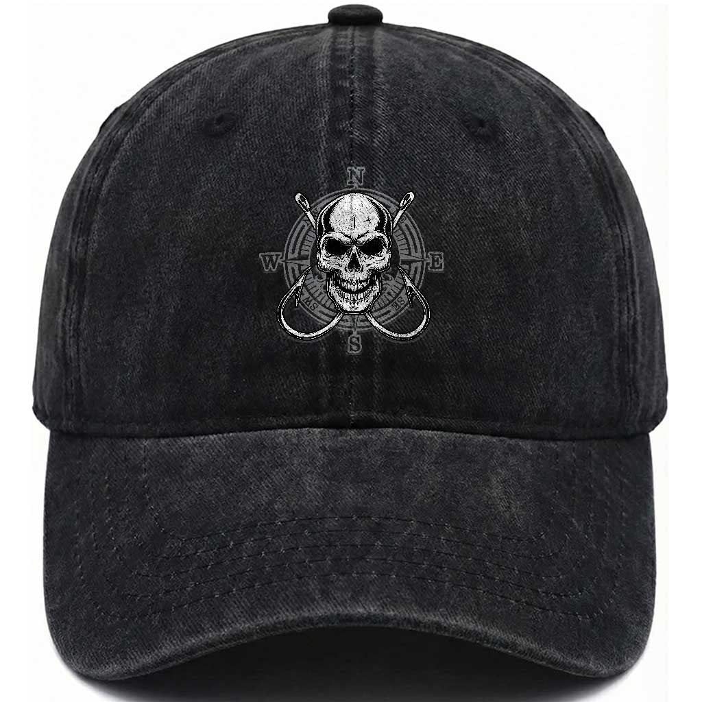 Funny Fishing Lover Washed Cotton Baseball Cap Pirate Skull Fishing Hook Compass TS11 Print Your Wear