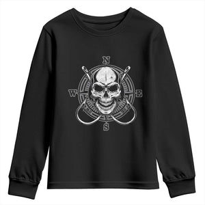 Funny Fishing Lover Youth Sweatshirt Pirate Skull Fishing Hook Compass TS11 Black Print Your Wear