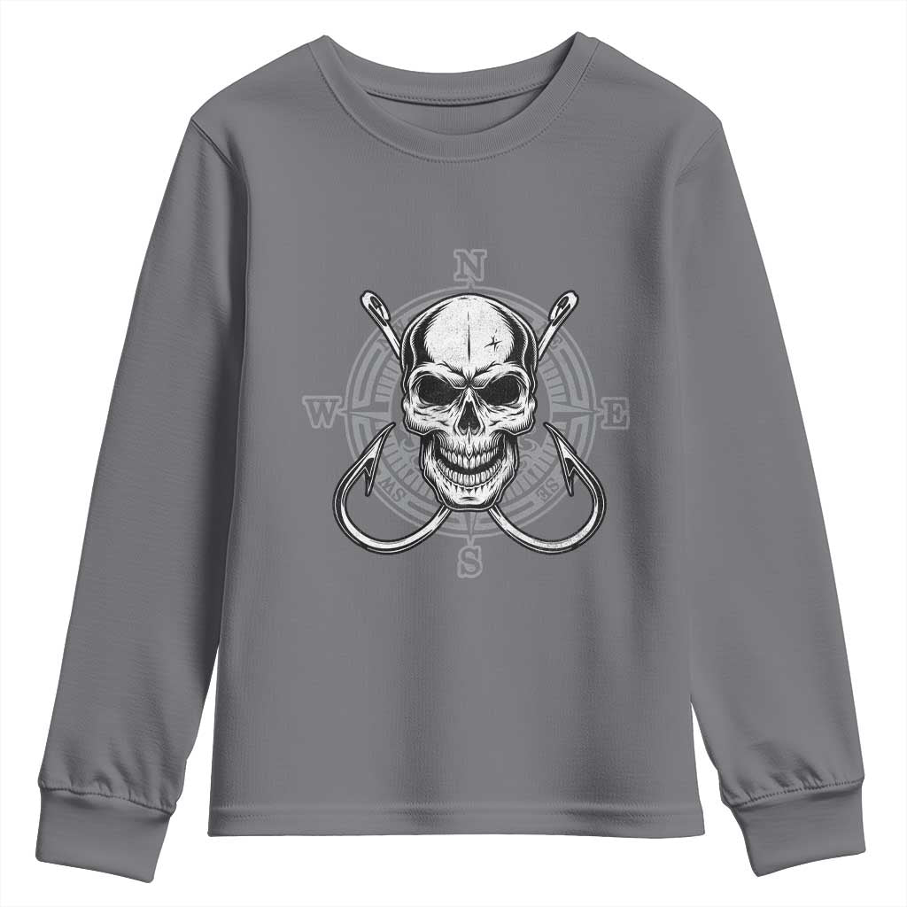 Funny Fishing Lover Youth Sweatshirt Pirate Skull Fishing Hook Compass TS11 Charcoal Print Your Wear