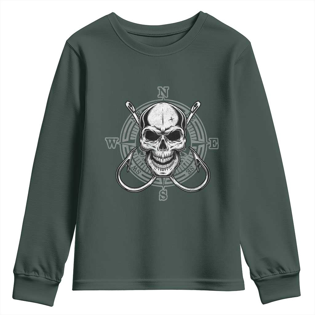 Funny Fishing Lover Youth Sweatshirt Pirate Skull Fishing Hook Compass TS11 Dark Forest Green Print Your Wear