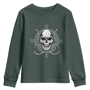 Funny Fishing Lover Youth Sweatshirt Pirate Skull Fishing Hook Compass TS11 Dark Forest Green Print Your Wear