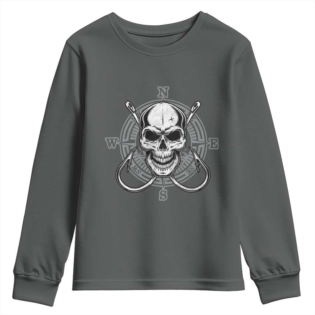 Funny Fishing Lover Youth Sweatshirt Pirate Skull Fishing Hook Compass TS11 Dark Heather Print Your Wear