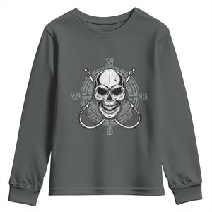 Funny Fishing Lover Youth Sweatshirt Pirate Skull Fishing Hook Compass TS11 Dark Heather Print Your Wear
