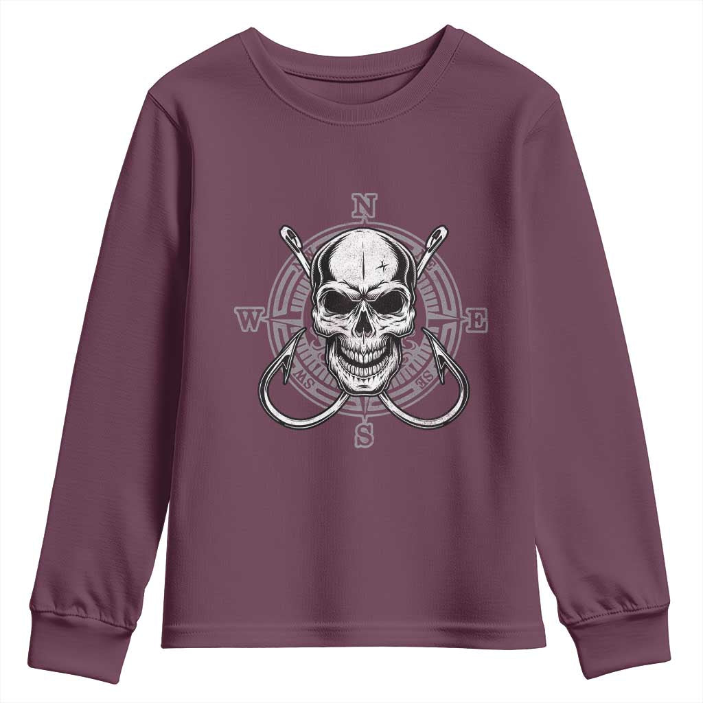 Funny Fishing Lover Youth Sweatshirt Pirate Skull Fishing Hook Compass TS11 Maroon Print Your Wear